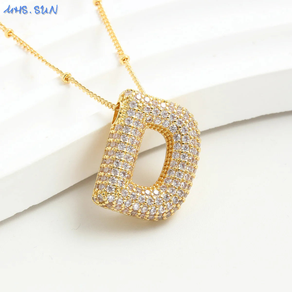 SUNSLL Cubic Zircon A-Z 26 Bubble Letter Necklace 2 Sizes Gold Plated M Chunky Balloon Initials Pendant Women Chain Jewelry 2024