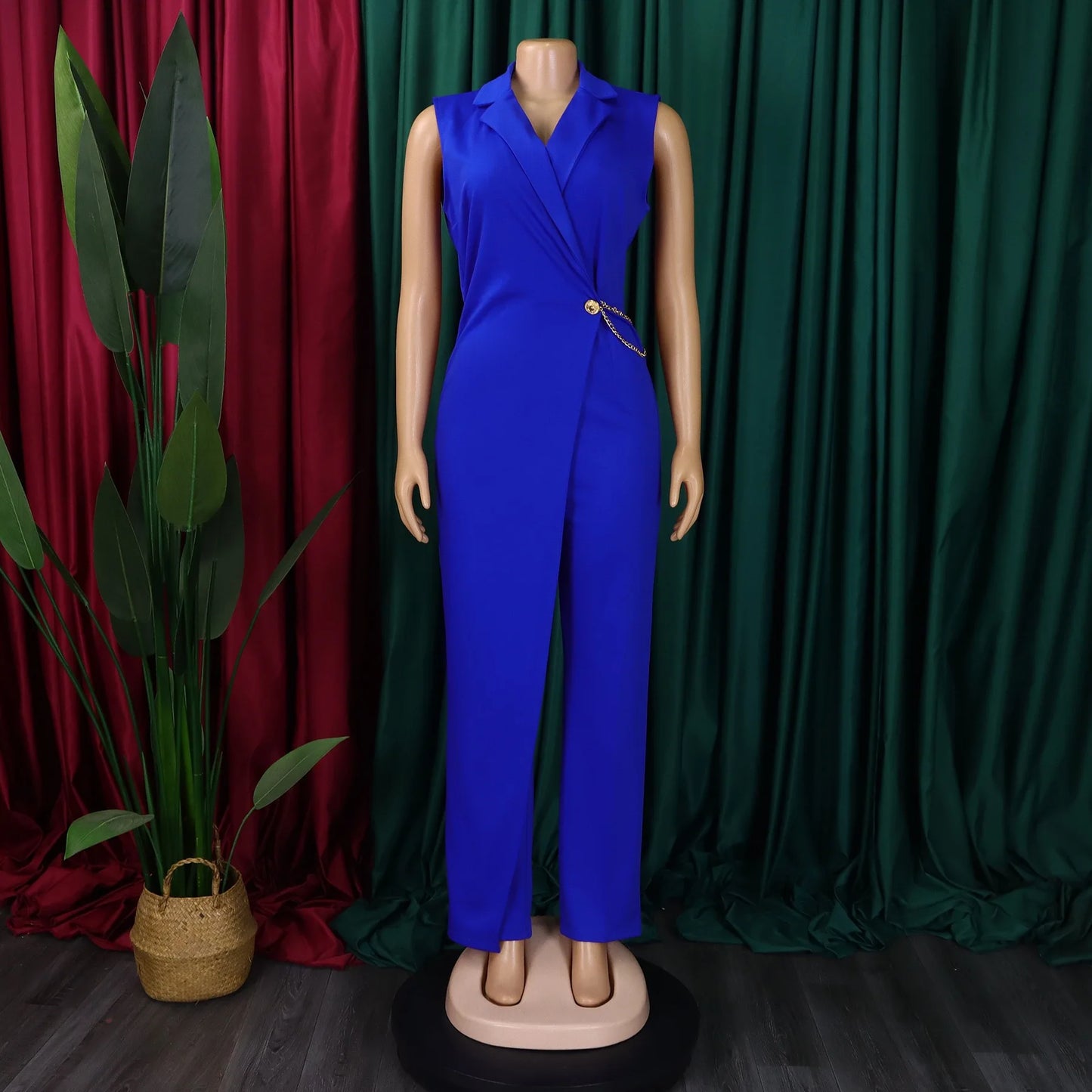 Elegant Jumpsuits & Rompers for Woman 2024 New Turn Down Collar Sleeveless High Waisted V Neck Straight Female Birthday Overalls