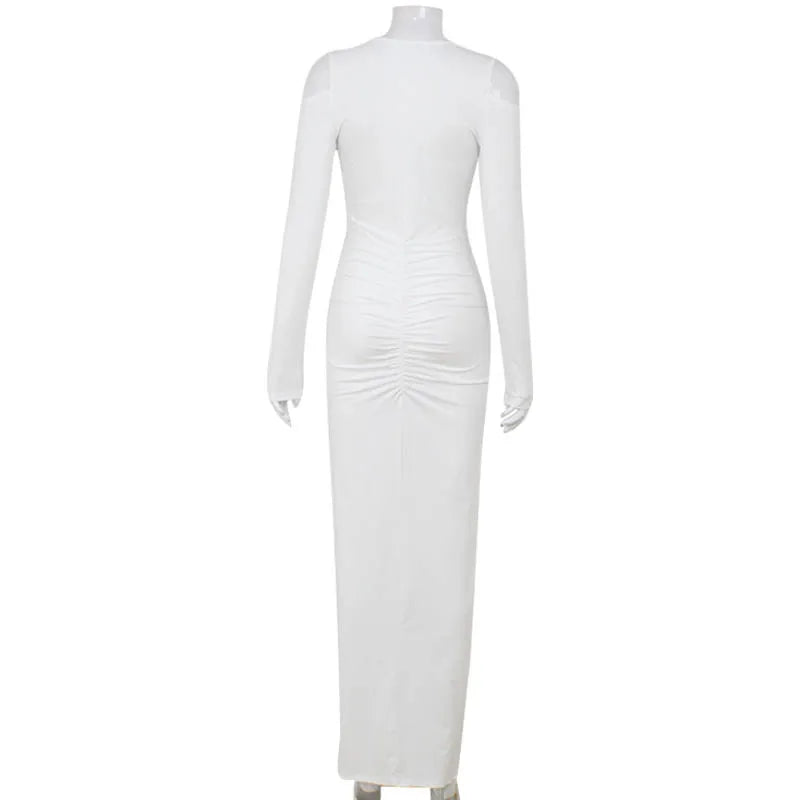 Ahagaga Sexy Club Sheath Women's Long Party Dresses Fashion Deep V-Neck Folds Solid Long Sleeves High Split Female Vestidos Robe