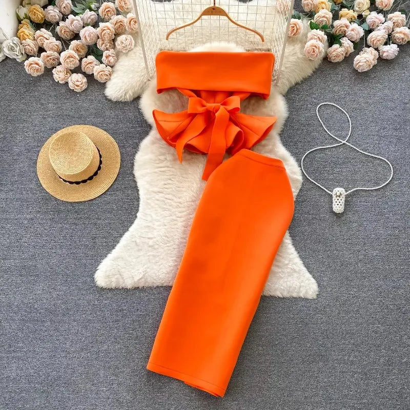 Women Vintage Two Pieces Skirt Sets Women Long Sleeve Sexy Slash Neck Bandage Ruffle Blouse Top and High Waist  Hip Wrap Skirt