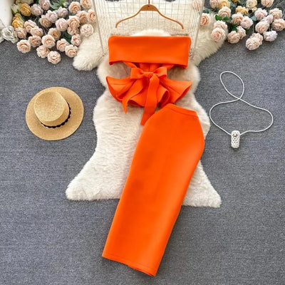Women Vintage Two Pieces Skirt Sets Women Long Sleeve Sexy Slash Neck Bandage Ruffle Blouse Top and High Waist  Hip Wrap Skirt