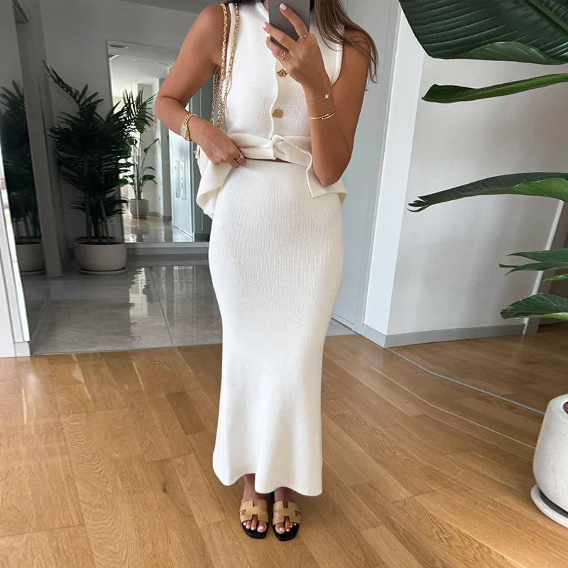 Elegant Knit Vest Suits Women Solid Single Breasted O-neck Sleeveless Slim Waistcoat Bodycon Midi Skirts 2025 Spring Lady Outfit