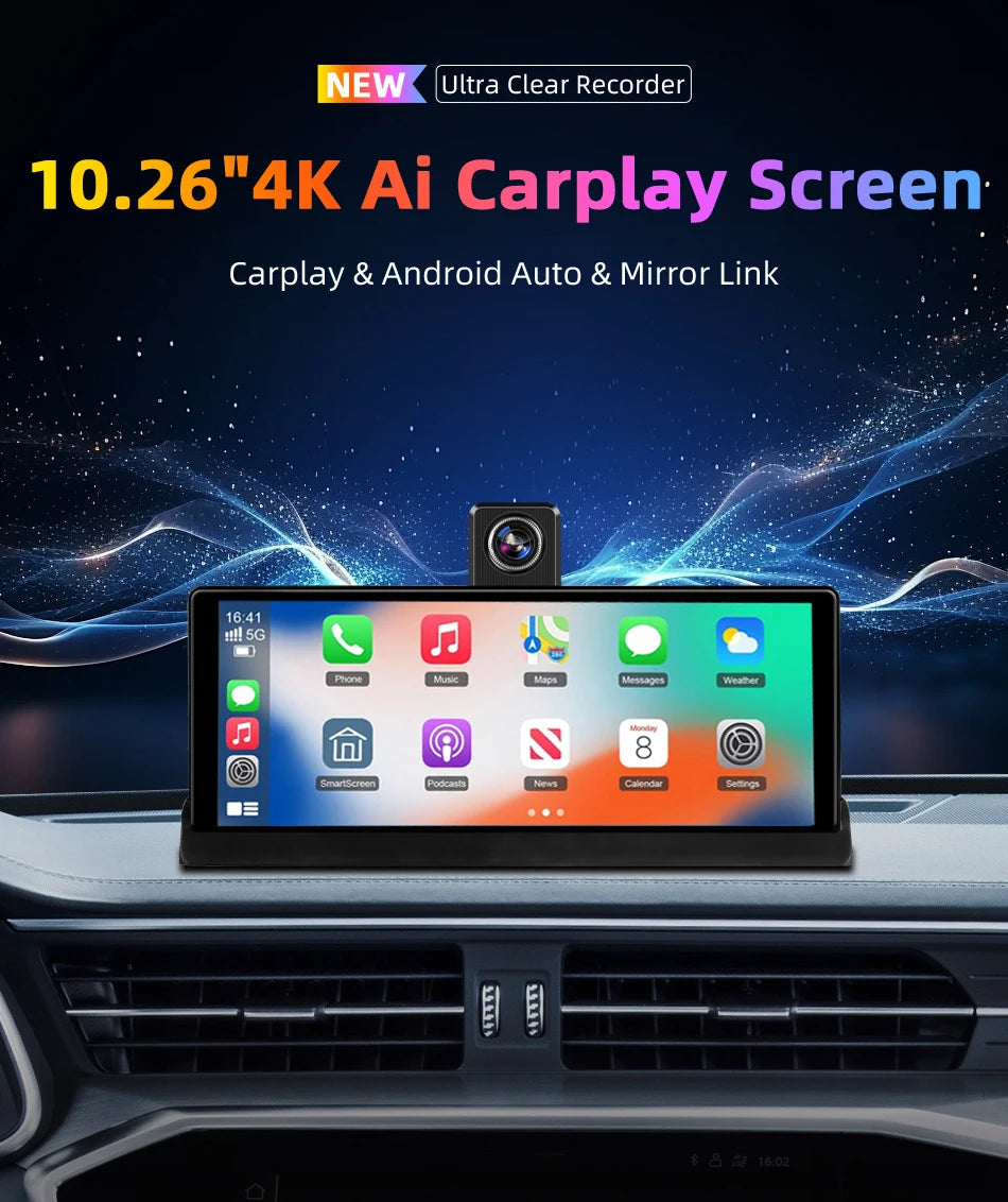 Develuck 10.26" Car DVR 350° Adjustable Carplay Android Auto Dash cam 4K Front&1080P Rear Camera Voice Control WIFI Dual lens FM