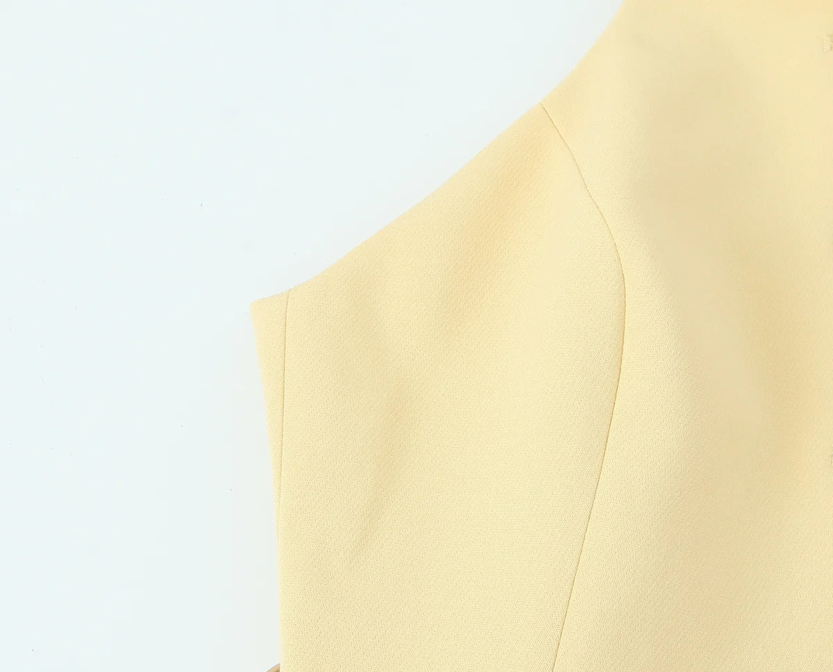 TRAFZA Women Fashion Suit Yellow V-Neck Sleeveless Belt Sngle Breasted Tops+High Waist Pocket Belt Long Skirts Female Summer Set