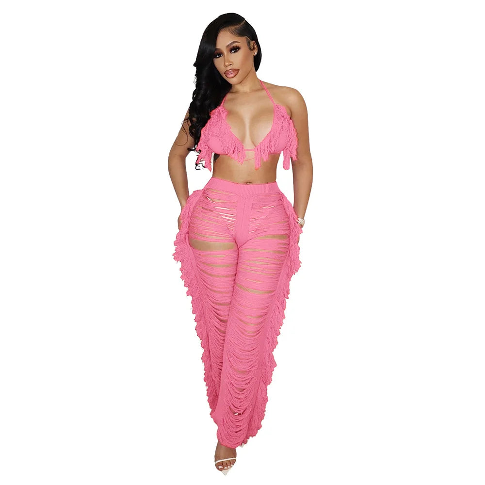 RT Sexy Women Crochet Set Two Pieces Set Halter Backless Top Pants Tassels Knitted 2 Pieces Set Hollow Out Crocheted Beach Set