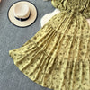 2024 New Summer Flower Print Long Dress Women Vintage Square Neck Ruched Chest Sash Bandage Sundress Party Vestidos
