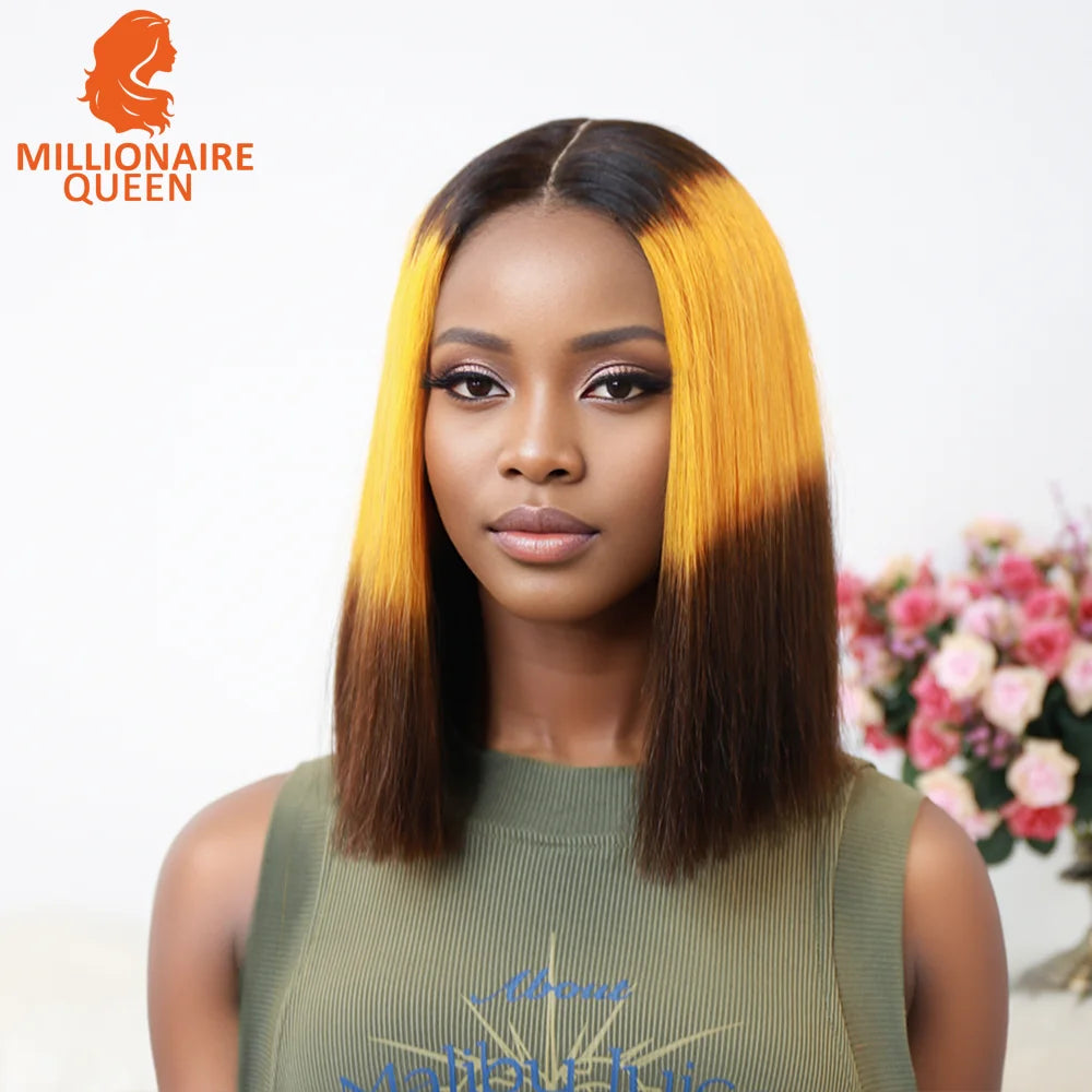 Vietname Super Double Drawn Bone Straight 2x6 Bob Wig with 100% Human Hair Orange Candy 250% Density For Black Women