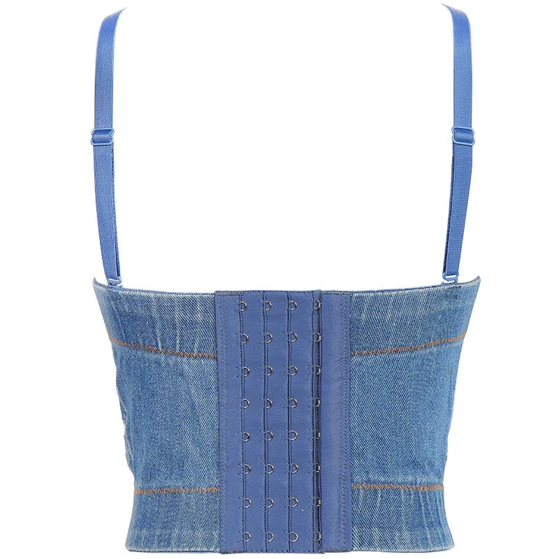 Irene Tinnie Sexy Cute Hole Cartoon Decoration Push Up Bustier Women's Denim Bralette Cropped Top Vest Plus Size