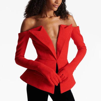 TWOTWINSTYLE Solid Designer Slimming Blazers For Women Slash Neck Long Sleeve Off Shoulder Temperament Coats Female Fashion New