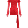 New Sexy Gloves Long Sleeves Cutout Pleated Draped Mini Dress Women Red/White Lace Floral Bodycon Dresses Party Cocktail Club