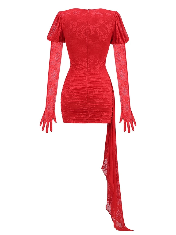 New Sexy Gloves Long Sleeves Cutout Pleated Draped Mini Dress Women Red/White Lace Floral Bodycon Dresses Party Cocktail Club