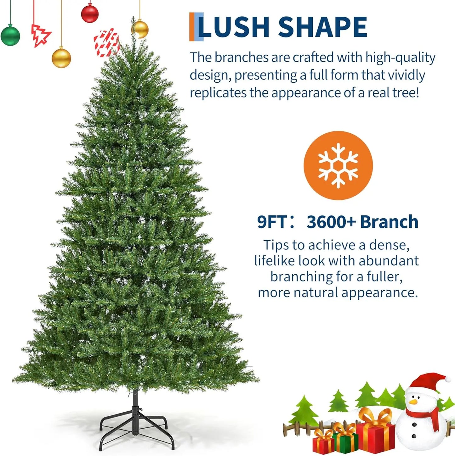 9FT Christmas Tree, Artificial Christmas Trees , Pre Lit Christmas Tree Decoration