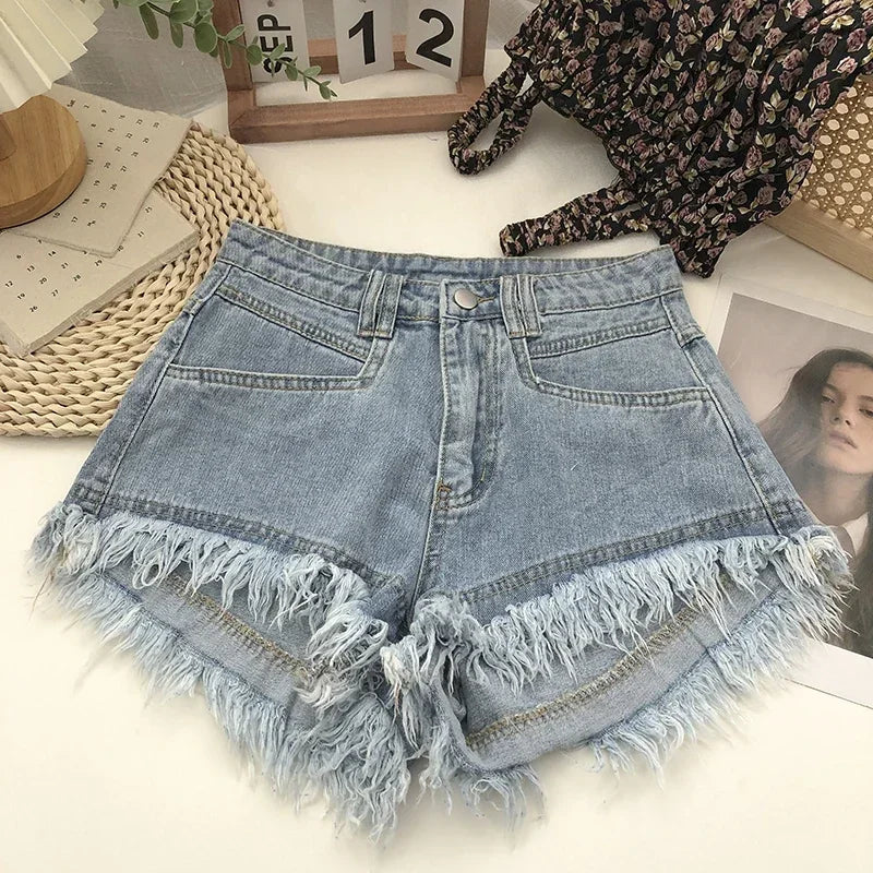 ITOOLIN Women Vintage Tassels Denim Shorts Button Loose High Waist A-line Jean Shorts Casual Women Office Trousers Streetwear