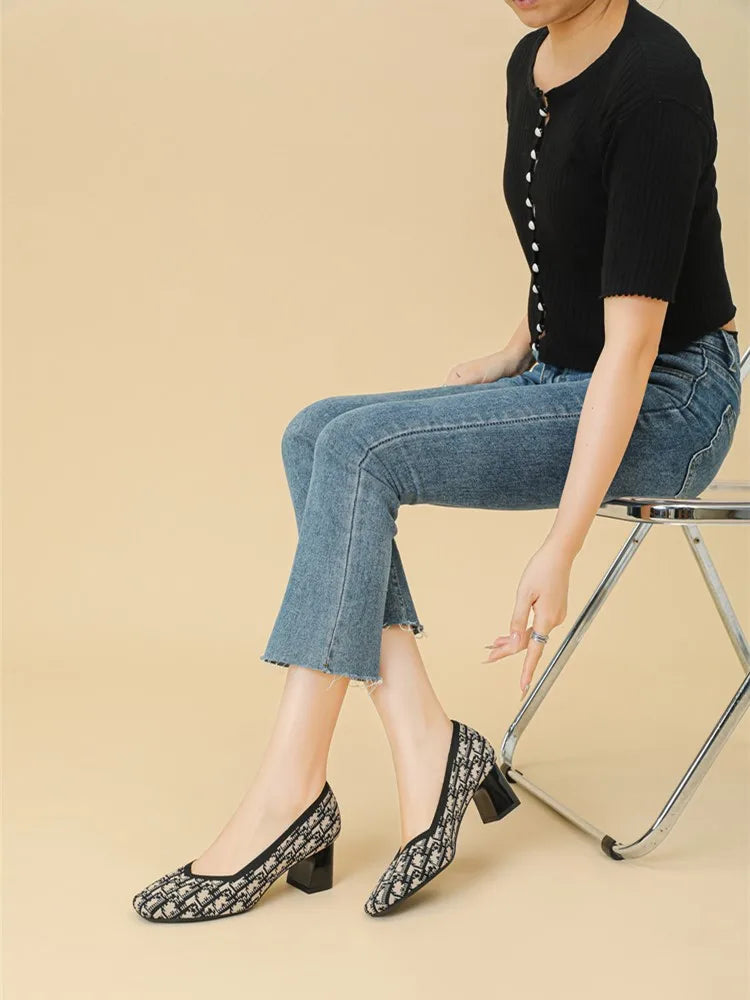 DIMANYU Women Dress Shoes Square Toe 2025 New Knitted High Heel Pumps Women's Fashion Shoes Large Size Women's Spring Shoes