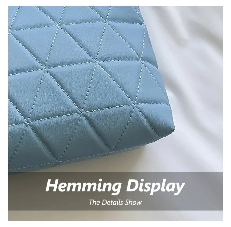 Fashion Blue Pu Flap Bag Golden Large Capacity Niche Geometric Handbag Women's Bag Embroidery Thread Metal Chain Shoulder Bag