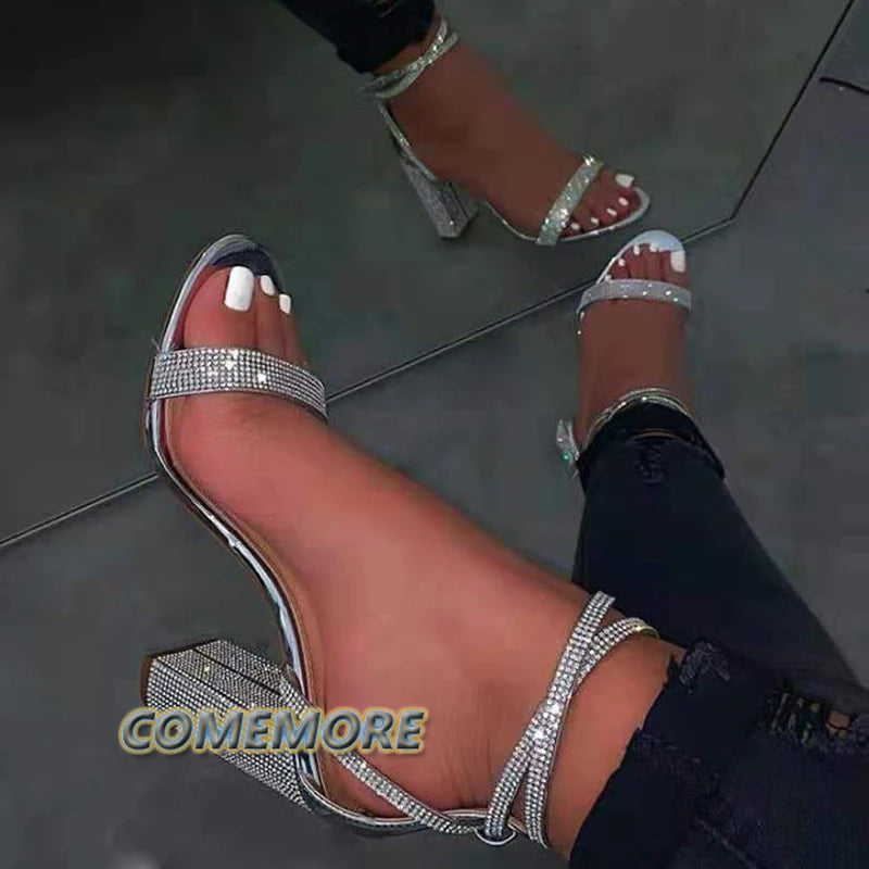 Shiny Gold Rhinestones Chunky Heels Sandals Women Sexy Cross Ankle Strap Silver High Heels Summer Party Dress Shoes Ladies Pumps