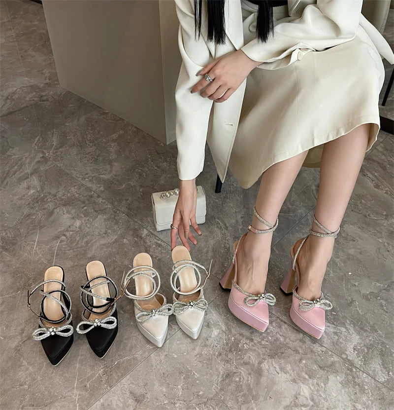 Hlieny 2025 Spring Autumn Women Pumps Fashion Platform Pointed Toe Butterfly-Knot Crystal Party Shoes Ankle Buckle Strap Sandals