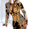 Sexy Long Sleeve Bodycon Mini Dress Women Autumn 2023 Fashion Deep V Neck Print Club Outfits Party Dresses Casual Robe Femme