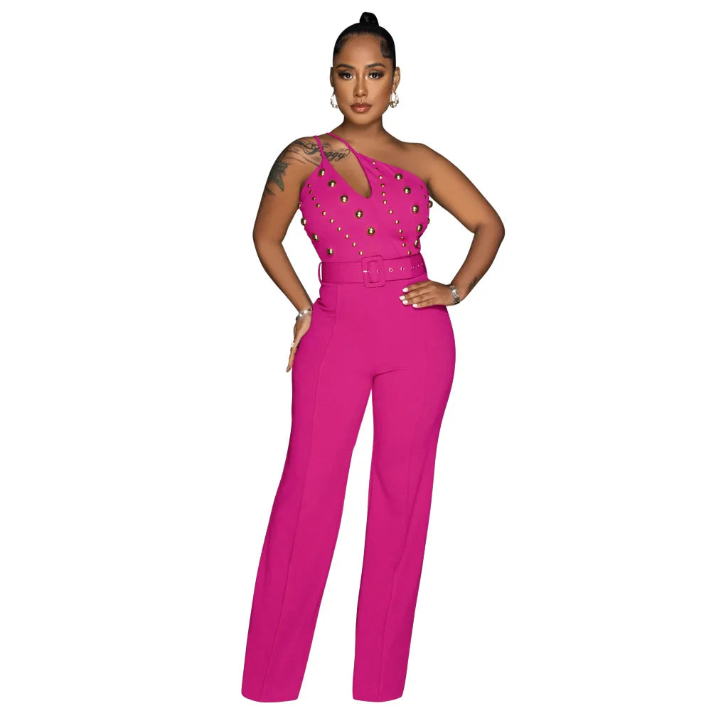 Women Jumpsuits Sexy One Piece Sleeveless Slim Fit Overalls Backless Wide Leg Long Pants Tight Waist Belt Rompers Elegant Splice