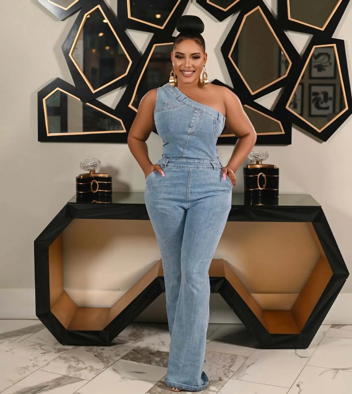 Flare Denim Pants Full Length Women Jeans One Piece Overalls Spliced Solid Jumpsuits Loose Pockets High Waist Basics Washed