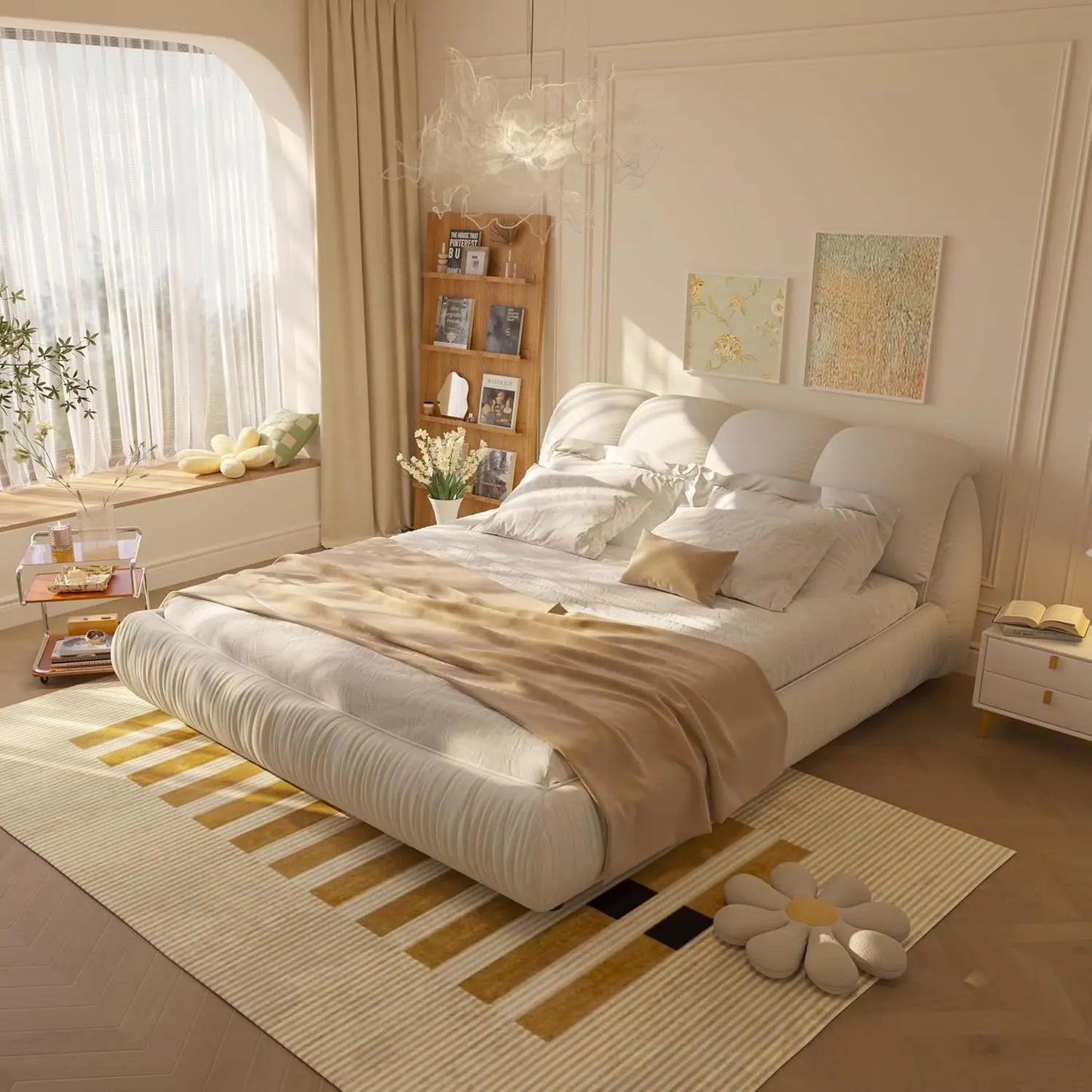 King Size Upholstered Platform Bed with Oversized Padded Backrest Headboard, Luxury Soft Cloud Bed Frame for Bedroom