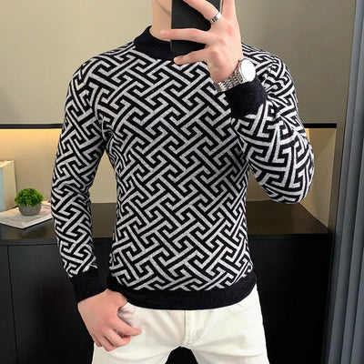 Autumn Winter Velvet Knitted Sweater Men's Long Sleeve Round Necked Sweater Slim Fit Casual Business Knitwear Tops Men Clothing