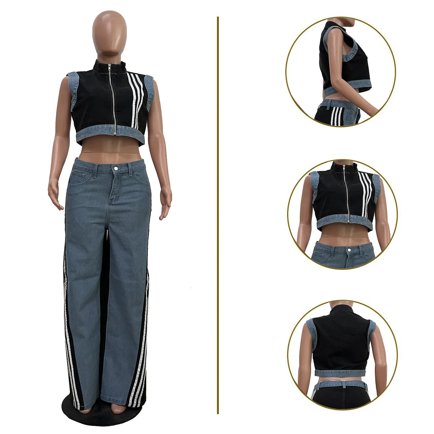 2 Pieces Women's Sets 2025 Spring Summer Denim Sleeveless Suit Tops And Wide Leg Pants Suits Two Piece Set Tracksuit Outfit
