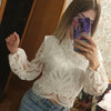 Sexy Long Sleeve White Lace Shirts Women Blouses Casual Crochet Hollow Out Elegant Tops Cropped Turtleneck Blusas 16296