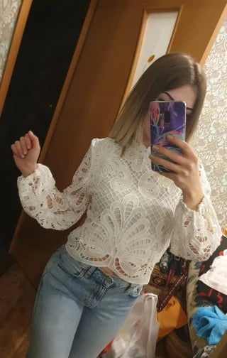 Sexy Long Sleeve White Lace Shirts Women Blouses Casual Crochet Hollow Out Elegant Tops Cropped Turtleneck Blusas 16296