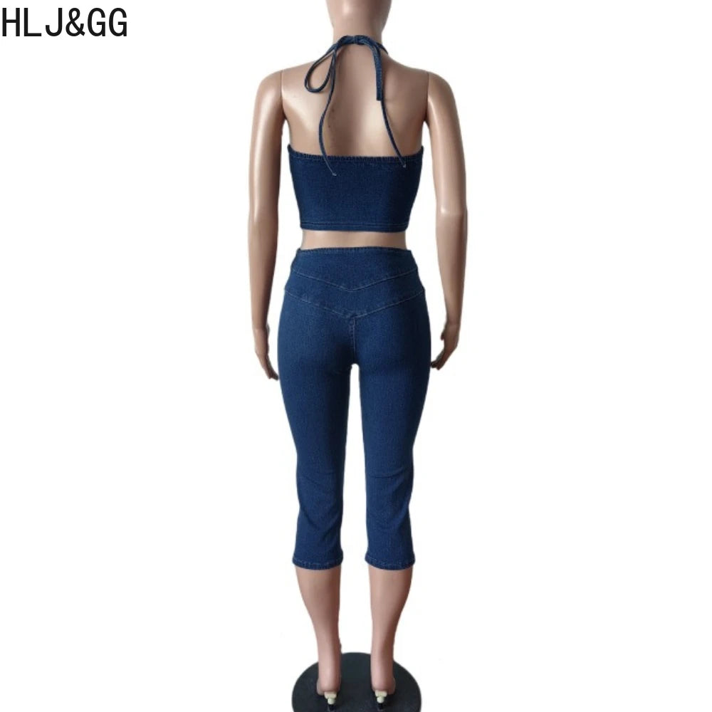 HLJ&GG Blue Fashion Denim Halter Two Piece Sets Women Sleeveless Backless Slim Crop Top And Skinny Jean Pants Outfits Streetwear