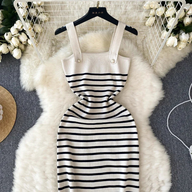 Striple 2024 Sexy Summer Knit Strap Dress Women Tank Elatic Waist Bodycon Sundress Female Beach  Backless Midi Dress