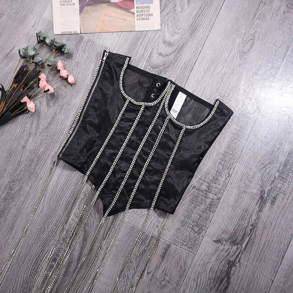 Women's Evening Corset Rhinestone Lace-up Corset Underbust Mesh Bustier Crop Top Bodices Sexy Lingerie Women Body Shaper