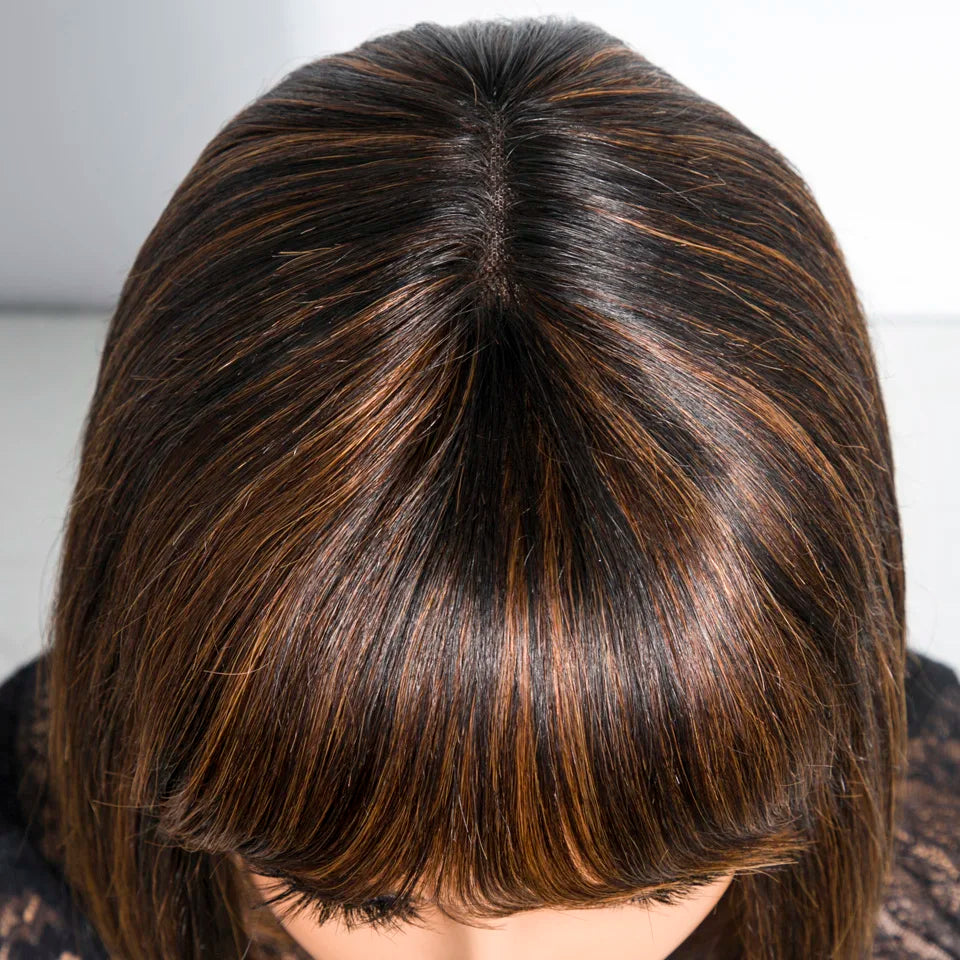 Lekker Chocolate Brown Short Straight Bob 100% Human Hair Wig With Bangs For Women Brazilian Remy Hair Top Lace Glueless Bob Wig