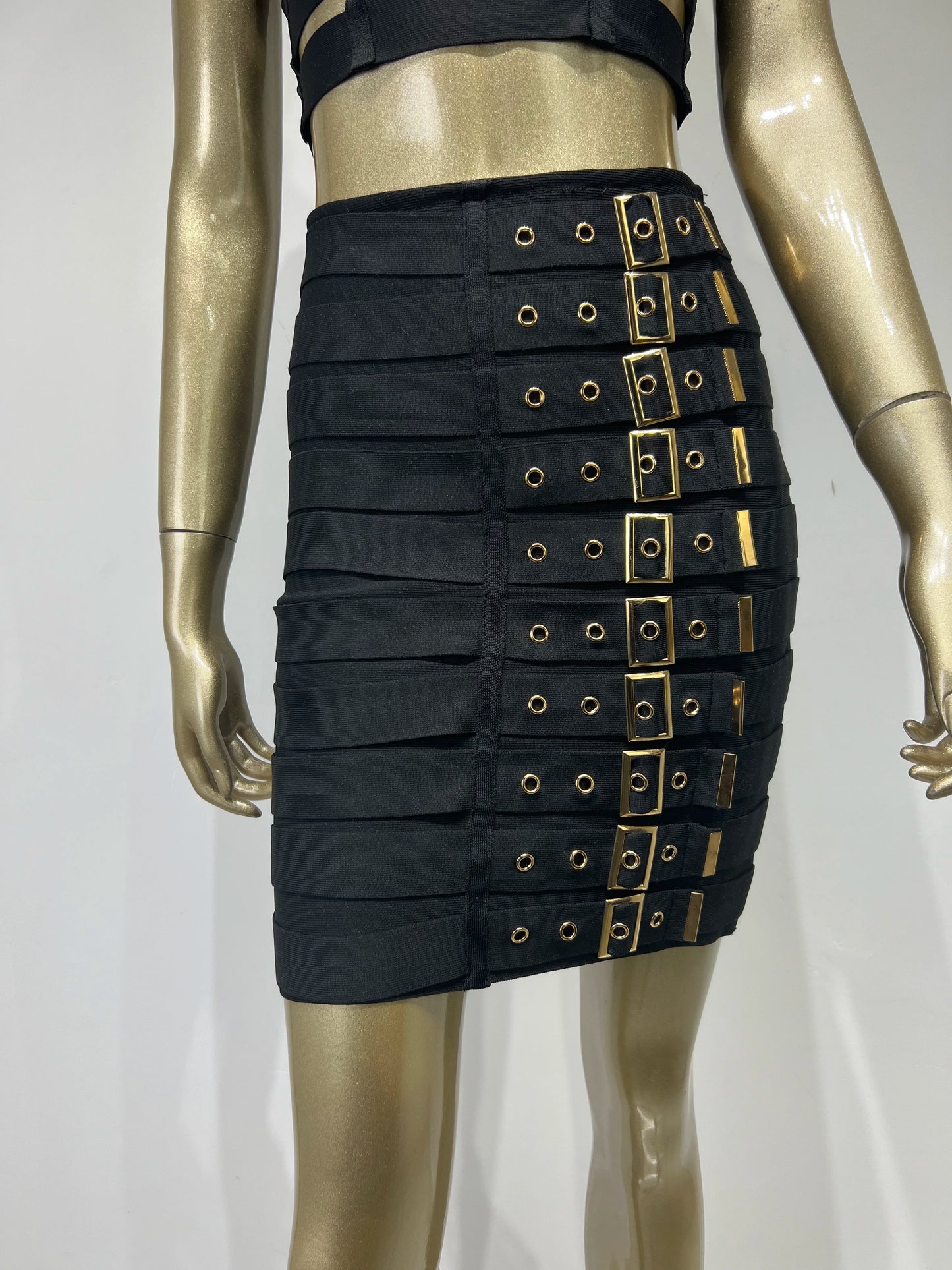 Women Celebrity Sexy Cut Out Mental Black White Mini Bodycon Bandage Skirt Set 2023 Elegant Evening Birthday Club Party Outfits