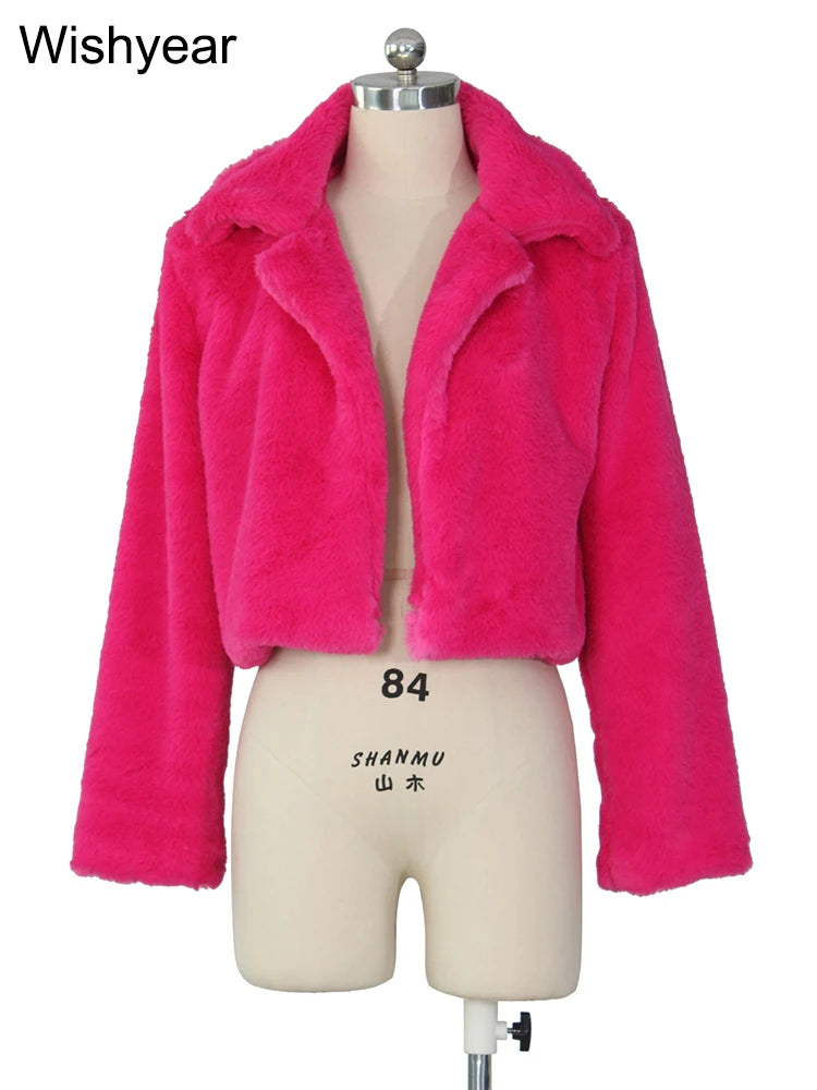 Fashion Faux Fur Open Stitch Lapel Crop Jackets Women Clothing Autumn Winter Solid Long Sleeve Warm Furry Fluffy Coat Outer Wear