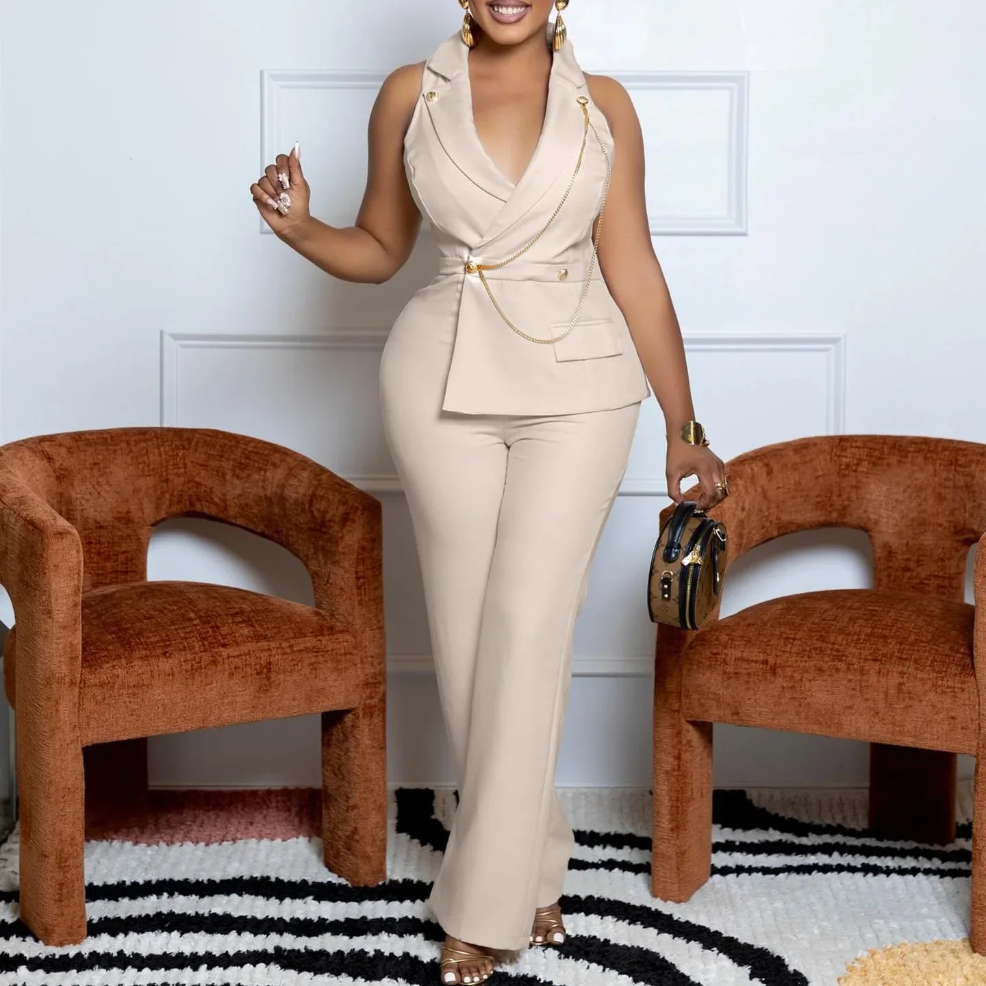 C8604 Foreign Trade Women's Fashionable Sexy Chain Collar Wide Leg African Jumpsuit Casual Style Long Dress For Ladies