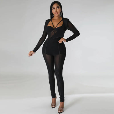 Sexy Mesh Patchwork Sheer Night Club Bodycon Jumpsuit for Women See Through One Piece Rompers Clubwear Party Birthday Outfits