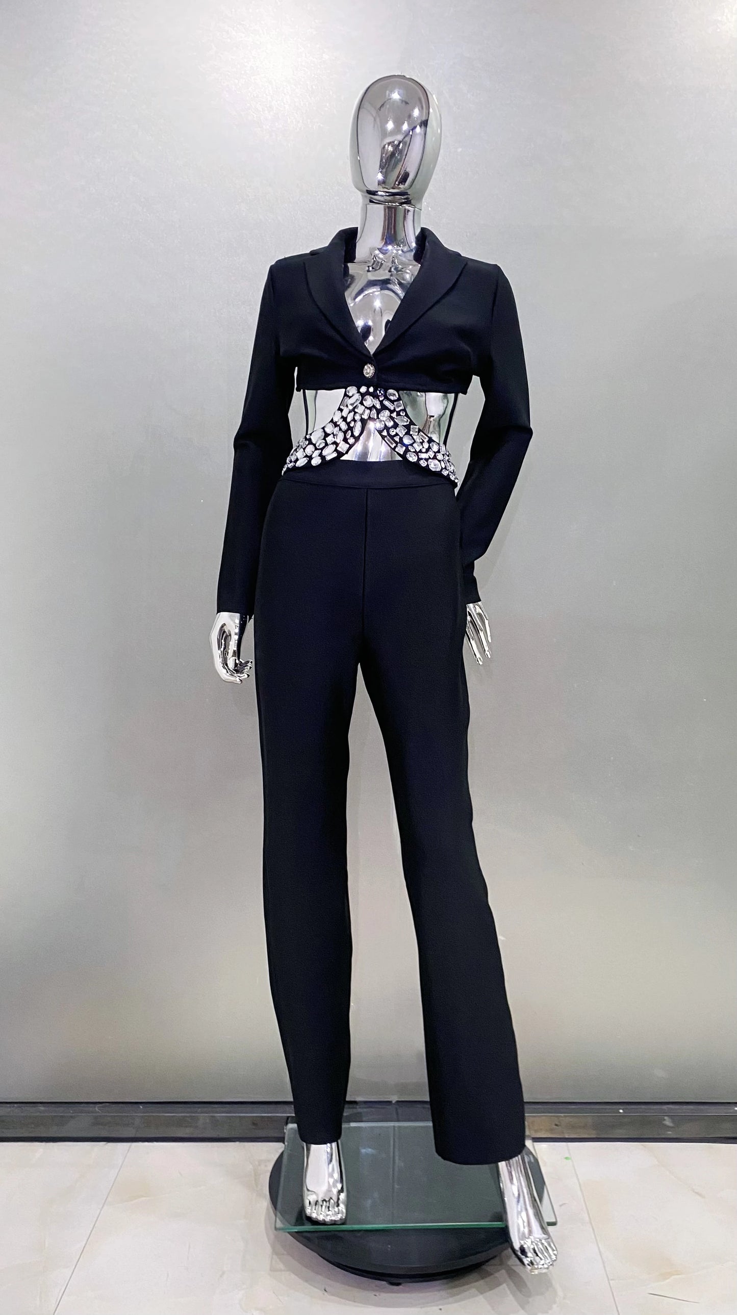 2024 New Arrival Black White Women Long Sleeve Sexy V-Neck Bodycon Bandage Set Shinning Crystal Nightclub Party Women's Set