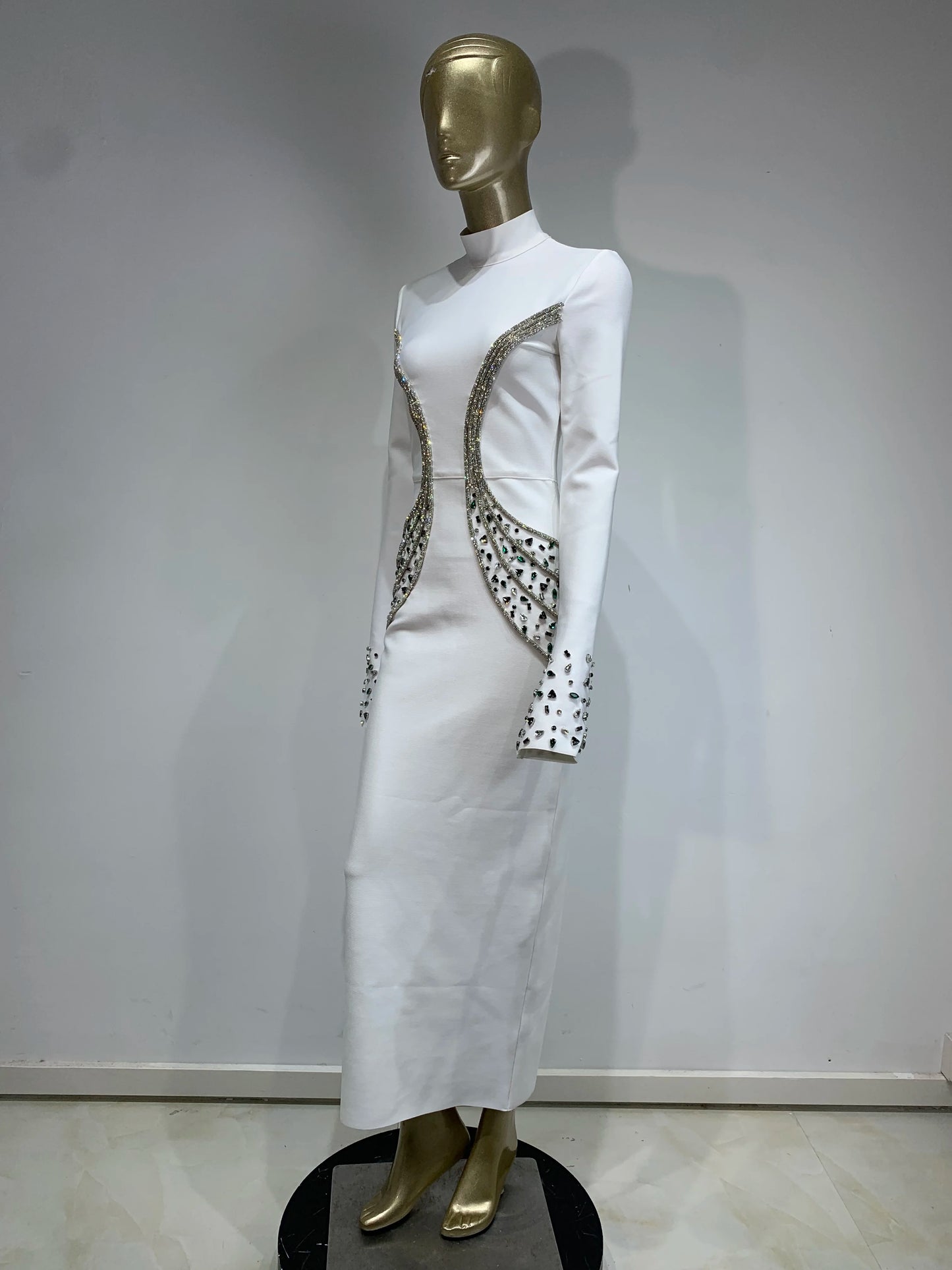 Women Celebrity Sexy Beading Crystal Diamonds Black White Maxi Long Bodycon Bandage Dress 2024 Elegant Evening Club Party Dress