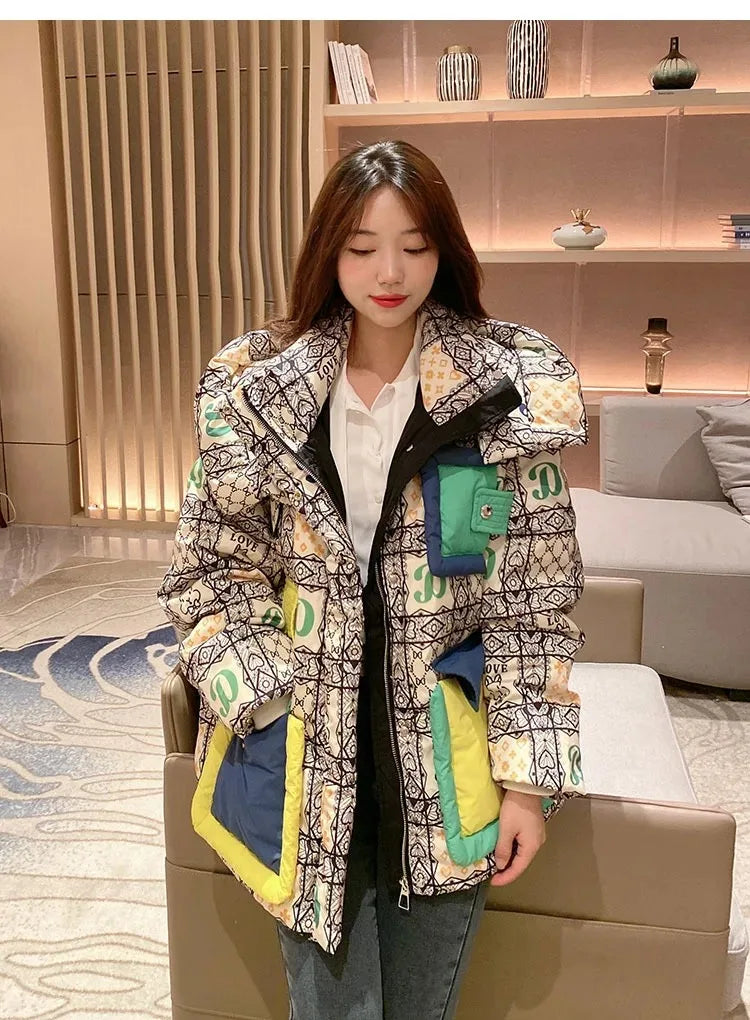 2023 European Station Winter New Down Jacket Women's Warm Fashion Short Color Patchwork Graffiti thick White Duck Down Coa