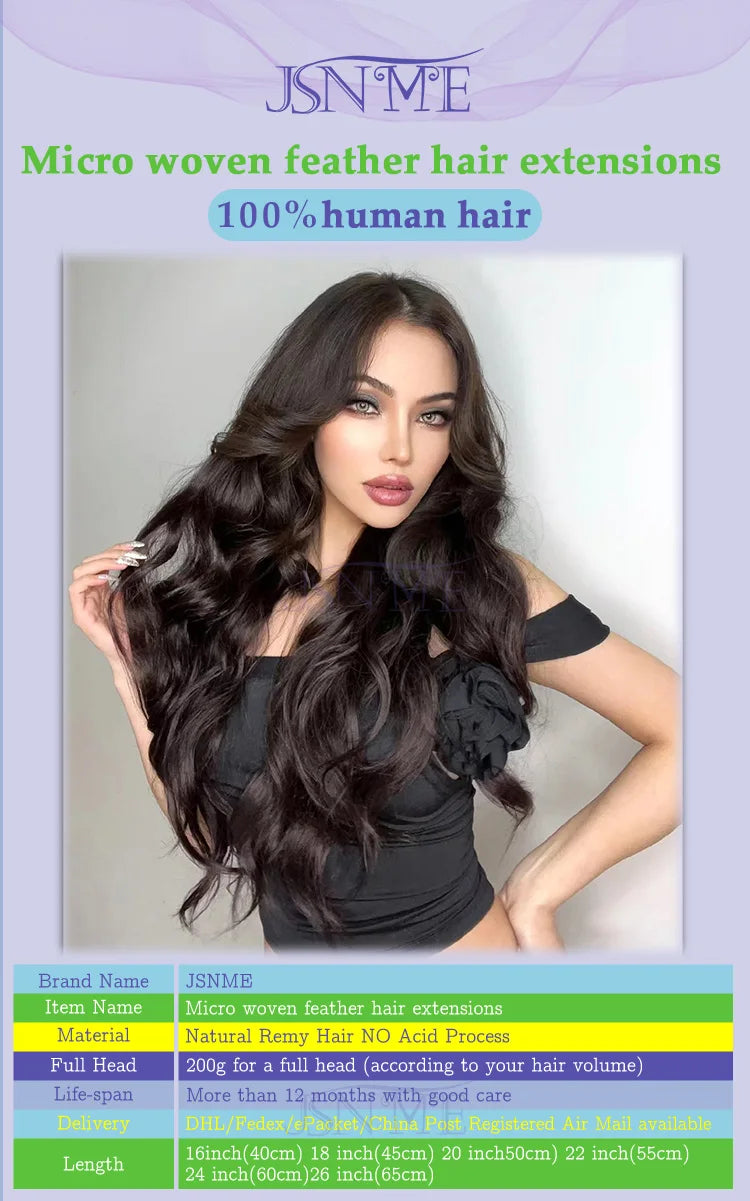 JSNME Micro Feather New hair extensions 100% Real Natural Human Hair Comfort Invisible 14-28 inch Black Brown Blonde 613 color