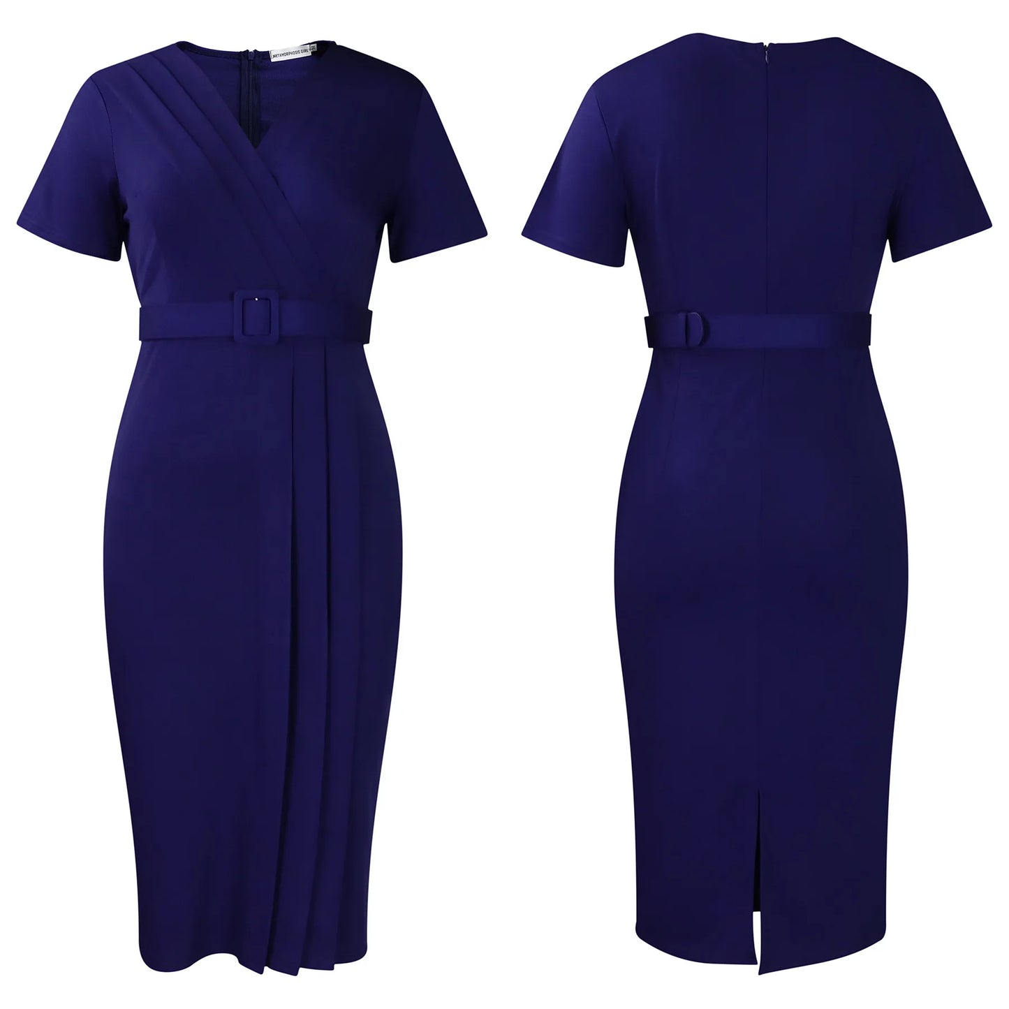 2024 summer new short sleeve V-neck waist solid color Tunle pencil skirt dress