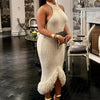 Weird Puss Knit Backless Dress Women Sleeveless Halter Summer Sexy Tassel Irregular Hem Clubwear Stretch Hipster Party Vestidos