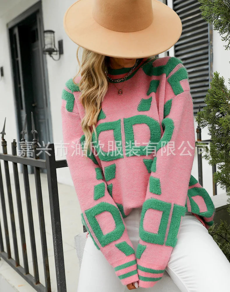 Knitted Sweaters Women 2023 Spring/Autumn Round neck Letter  Embroidery Pullovers Top Temperament casual warm Tee contrast color