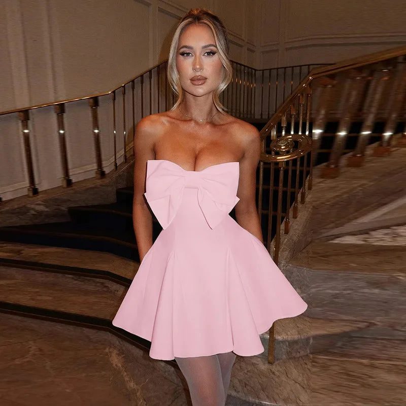 Sexy Strapless Bow Short White Dress Womens Off Shoulder A-line Luxury Black Mini Dresses Elegant Backless Gowns Birthday 2025