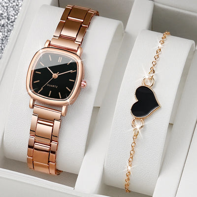 2PCS/Set Women Fashion Stainless Steel Quartz Watch & Love Heart Bracelet