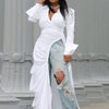 CM.YAYA Vintage Women Long Sleeve High Side Split Ruched Up Wrap Lapel Collar White Maxi Long Dress Fashion Street Dresses