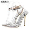 Eilyken Crystal Sexy Women Sandals Metal High Heels Ankle Buckle Strap Gladiator Ladies Pumps Stiletto Nightclub Party Shoes