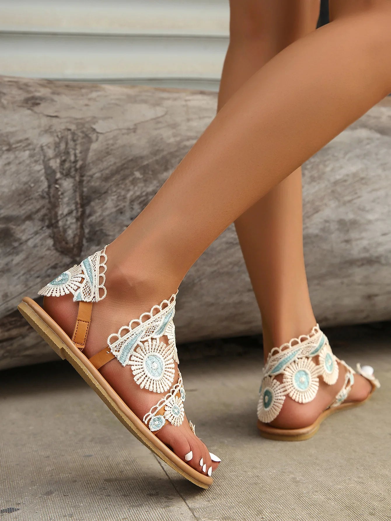 Sandals Women's Floral Pattern Hollow Out Toe Post Lace Flower Sandals Roman Style Open Toe Flat Shoes Women's Sandals