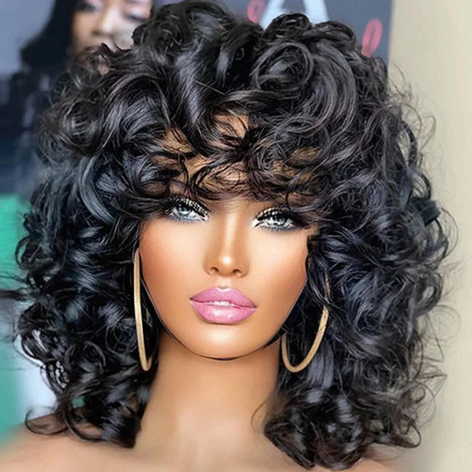 250% Bob Bouncy Curly Human Hair Wigs Loose Bouncy Rose Curly Wigs With Bangs Brazilian Remy Hair Machine Made Wig for Women